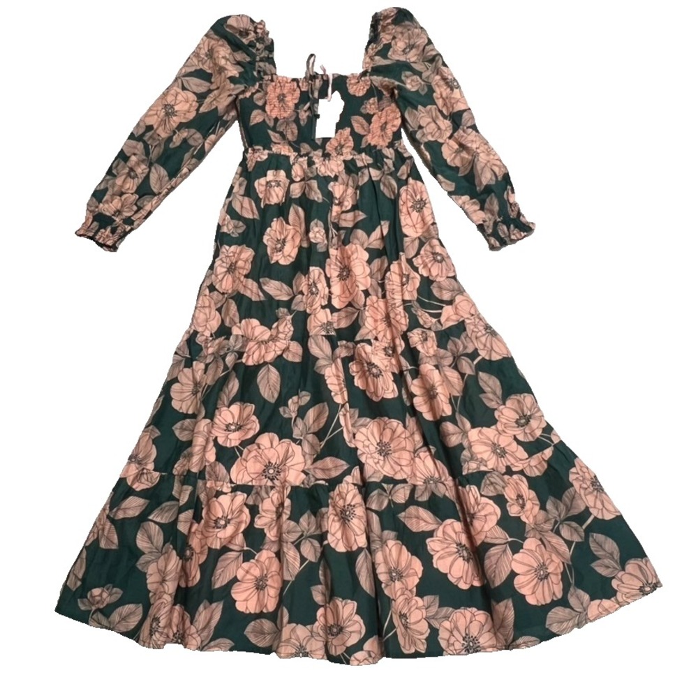 Floral Long Sleeve Tiered Maxi Dress - Green with Pink Floral